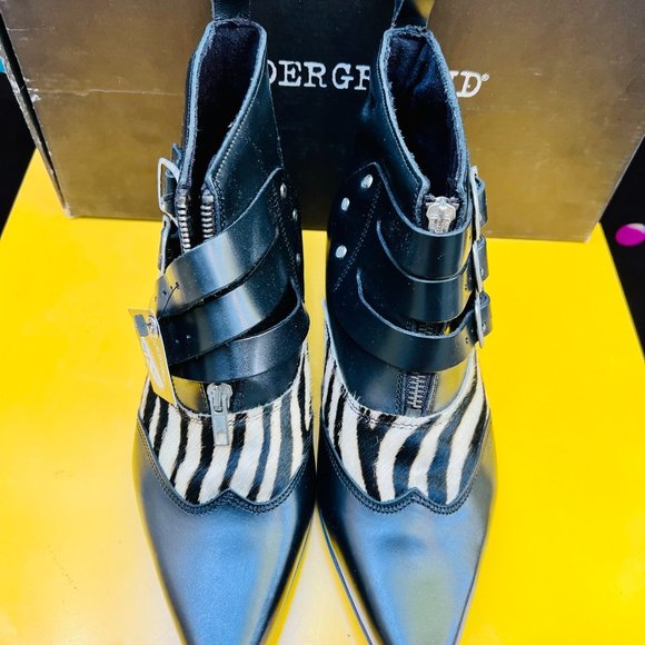 Underground Blitz Winklepicker Boot Black Grain Leather & Zebra Print - Picture 3 of 3